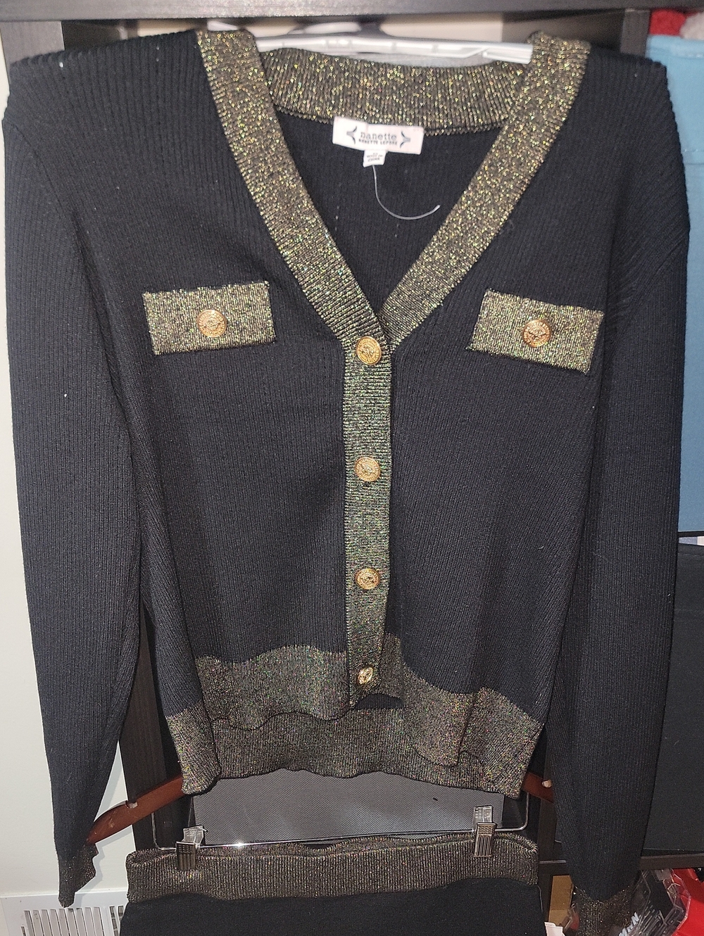 Nanette Lepore Black Cardigan with Gold Metallic Trim And Matching Skirt Size M